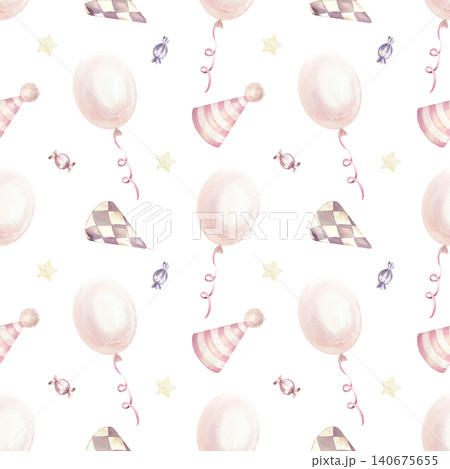 Festive seamless pattern with balloons, party hats and candies. Hand drawn isolated watercolor. Pastel clip art for birthday and baby shower decor. Suitable for wrapping paper and textiles. 140675655
