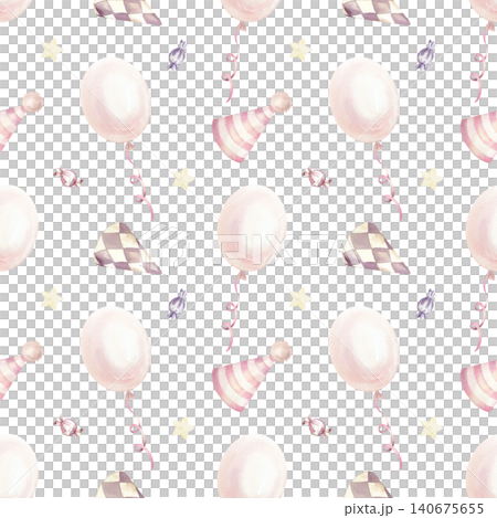 Festive seamless pattern with balloons, party hats and candies. Hand drawn isolated watercolor. Pastel clip art for birthday and baby shower decor. Suitable for wrapping paper and textiles. 140675655