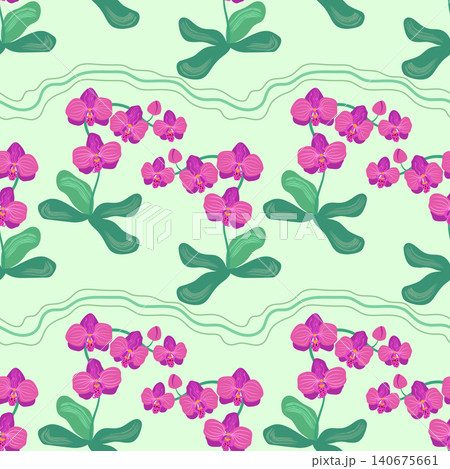 Pink orchid seamless pattern vector illustration. Blooming moth orchid branches with leaves on mint green background. Greenhouse exotic plant. Tropical botanical phalaenopsis repeat tile design 140675661