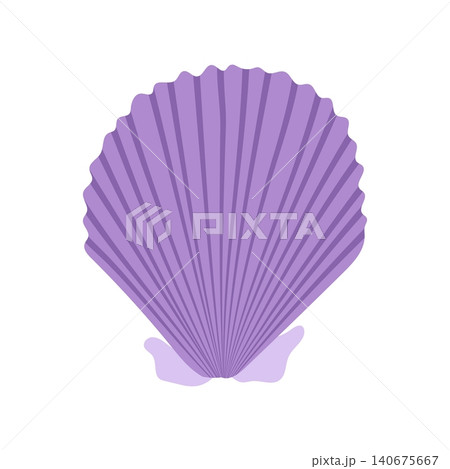 Scallop shell vector illustration. Simple purple fan-shaped seashell isolated on white background. Hand drawn flat underwater marine clipart for beach, coastal and nautical decoration and design Scallop shell vector illustration. Simple purple fan-shaped seashell isolated on white background. Hand drawn flat underwater marine clipart for beach, coastal and nautical decoration and design 140675667