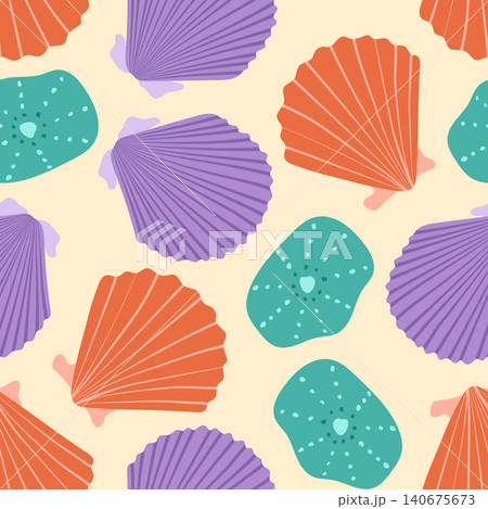 Scallop shells seamless pattern vector illustration. Large colorful seashells and sea stones scattered on cream background. Playful summer underwater repeat tile design for kids textile, swimwear Scallop shells seamless pattern vector illustration. Large colorful seashells and sea stones scattered on cream background. Playful summer underwater repeat tile design for kids textile, swimwear 140675673