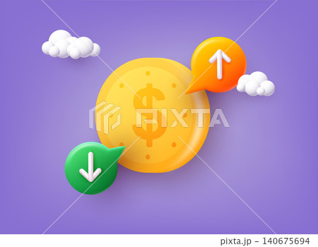 Cost of dollar with arrow down and up. Coin of dollar with loss or growth. Increase and low of revenue. 3D Web Vector Illustrations. Cost of dollar with arrow down and up. Coin of dollar with loss or growth. Increase and low of revenue. 3D Web Vector Illustrations. 140675694