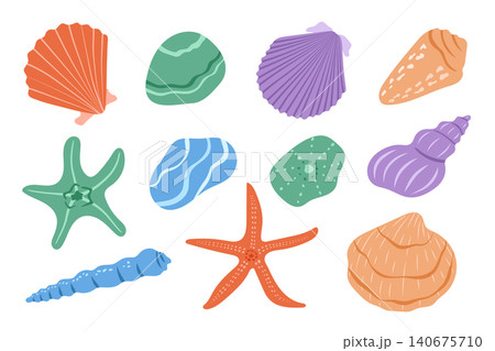 Seashell and starfish vector set. Colorful scallop, conch, spiral shells, sea stones and starfish isolated on white background. Marine clipart for summer, beach, coastal and nautical design 140675710