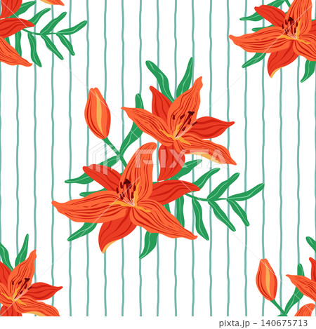 Orange lily seamless pattern vector illustration. Blooming tiger lily bouquets with buds and leaves on white striped background. Vibrant botanical repeat tile design print for textile, wallpaper Orange lily seamless pattern vector illustration. Blooming tiger lily bouquets with buds and leaves on white striped background. Vibrant botanical repeat tile design print for textile, wallpaper 140675713