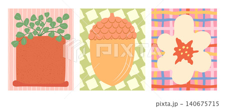 Cute modern nature posters vector set. Potted plant, acorn and daisy flower illustrations on colorful textured backgrounds. Whimsical botanical cards for wall art, print, decoration in flat style 140675715