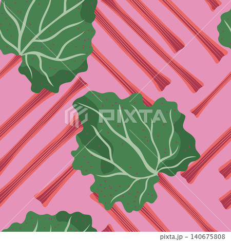 Rhubarb vector seamless pattern illustration. Large green rhubarb leaves and diagonal red stalks on pink background. Modern, botanical vegetable repeat print for textile, kitchen decor in flat style Rhubarb vector seamless pattern illustration. Large green rhubarb leaves and diagonal red stalks on pink background. Modern, botanical vegetable repeat print for textile, kitchen decor in flat style 140675808