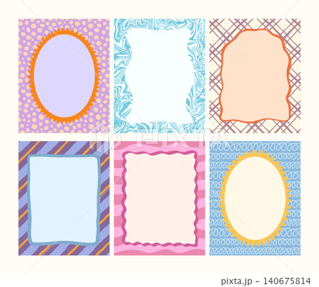 Modern decorative frames set with scalloped, spiky, wavy and ornate borders on dotted, marble, plaid, striped and textured pastel backgrounds. Abstract card templates with copy space for invitations Modern decorative frames set with scalloped, spiky, wavy and ornate borders on dotted, marble, plaid, striped and textured pastel backgrounds. Abstract card templates with copy space for invitations 140675814