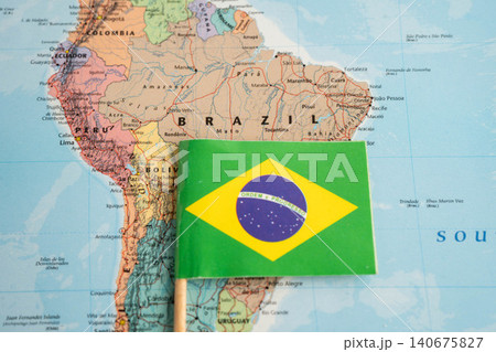 Bangkok, Thailand November, 2025 Brazil flag on world map. Bangkok, Thailand November, 2025 Brazil flag on world map. 140675827