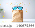 Sunglasses on top of brown paper bag with floating yellow geometric shapes 140675866