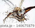 Three way impact splash featuring streams of fresh milk water and dark espresso. 140675879