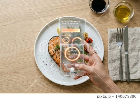 Top down view of food scanner scanning cooked salmon fillet 140675880