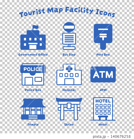 A simple and easy-to-use set of facility icons | Tourist information, bus stops, accommodations 140676258