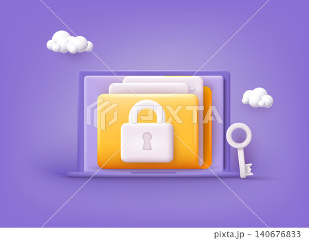 Yellow folder with files. Personal data security concept. Secure information transfer background. 3D Vector Illustrations. Yellow folder with files. Personal data security concept. Secure information transfer background. 3D Vector Illustrations. 140676833