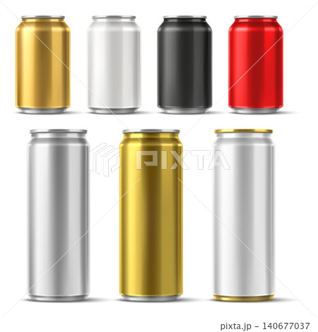Colored tin cans for beverages. Realistic images of metal drink containers. Aluminum tins of sparkling water, beer and lemonade. Metallic bottles. Vector blank 3D packaging mockup set 140677037