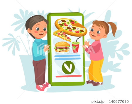 Fastfood ordering app. Kids making order food using online terminal. Pizza place with mobile internet. Smartphone screen. Restaurant delivery. Children choose lunch. Vector concept Fastfood ordering app. Kids making order food using online terminal. Pizza place with mobile internet. Smartphone screen. Restaurant delivery. Children choose lunch. Vector concept 140677050