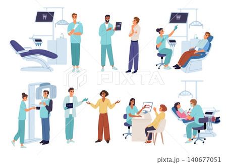 Patients in dental office. Dentists treating teeth. Hygiene and oral care. Medical checkup. Doctor consultation. X-ray scanning. Dentistry prevention and examination. Clinic vector set Patients in dental office. Dentists treating teeth. Hygiene and oral care. Medical checkup. Doctor consultation. X-ray scanning. Dentistry prevention and examination. Clinic vector set 140677051