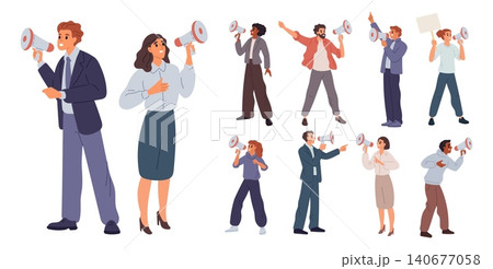 People speaking through megaphones. Campaigners shouting into loudspeakers. Agitators in various poses. Man and woman making announcements. Demonstration activists. Speakers vector set People speaking through megaphones. Campaigners shouting into loudspeakers. Agitators in various poses. Man and woman making announcements. Demonstration activists. Speakers vector set 140677058
