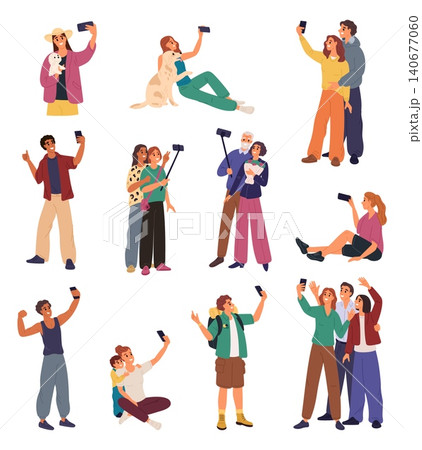 People take selfie. Friends group. Couple making photos with using phone front facing camera. Tourists shooting snapshots. Man and woman posing for photography. Photographing vector set 140677060