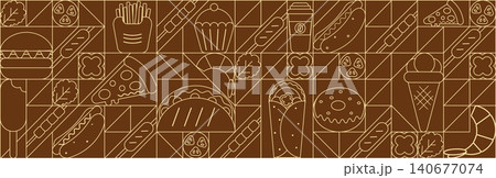 Geometric food pattern in minimalist bauhaus style line drawing. Abstract fast food print background with simple shapes for eatery shop, food packaging, cafe wall, menu. 140677074