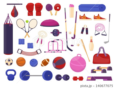 Professional sports gear. Training equipment. Accessories for healthy lifestyle or athletic activities. Boxing gloves. Weightlifting dumbbells. Golf club. Fitness elements vector set Professional sports gear. Training equipment. Accessories for healthy lifestyle or athletic activities. Boxing gloves. Weightlifting dumbbells. Golf club. Fitness elements vector set 140677075