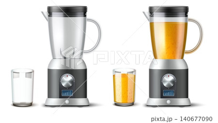 Realistic blender. Detox drink maker. 3D-rendered smoothie mixer. Fruit blending. Natural juices cooking. Electric kitchen appliance. Full or empty glass jar. Vector domestic machines set Realistic blender. Detox drink maker. 3D-rendered smoothie mixer. Fruit blending. Natural juices cooking. Electric kitchen appliance. Full or empty glass jar. Vector domestic machines set 140677090