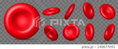 Realistic blood cells. Red bloody molecules. Hemoglobin particles. Different view angles. Artery system corpuscles. Oxygen transportation. Erythrocyte discs in various positions vector set Realistic blood cells. Red bloody molecules. Hemoglobin particles. Different view angles. Artery system corpuscles. Oxygen transportation. Erythrocyte discs in various positions vector set 140677091