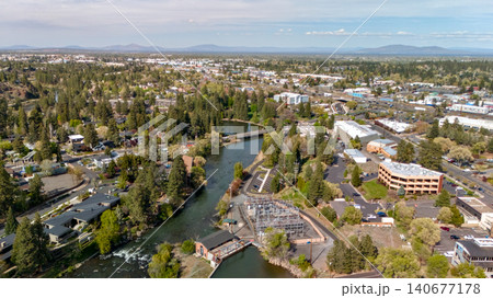 Aerial View of Commercial District Along Deschutes River in Bend Oregon 140677178