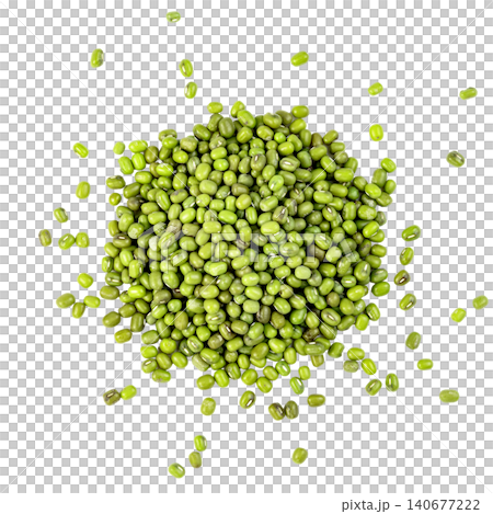 Top view of a pile of raw green mung beans isolated. Organic dried legumes used in Asian cuisine. Healthy plant-based protein source for vegetarian diets. High quality flat lay. Top view of a pile of raw green mung beans isolated. Organic dried legumes used in Asian cuisine. Healthy plant-based protein source for vegetarian diets. High quality flat lay. 140677222