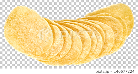 A neat row of thin golden potato chips arranged in a curve against. Crunchy salty snacks with uniform texture. Isolated image for food marketing and advertisement designs. A neat row of thin golden potato chips arranged in a curve against. Crunchy salty snacks with uniform texture. Isolated image for food marketing and advertisement designs. 140677224