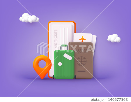 Online booking design concept for mobile phone. Business trip banner with passport, tickets, travel bag. 3D Web Vector Illustrations. Online booking design concept for mobile phone. Business trip banner with passport, tickets, travel bag. 3D Web Vector Illustrations. 140677568