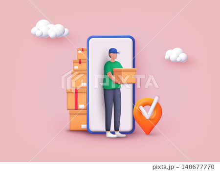 Delivery man and boxes. Courier or delivery service. Men characters with parcels packages boxes. 3D Vector Illustrations. Delivery man and boxes. Courier or delivery service. Men characters with parcels packages boxes. 3D Vector Illustrations. 140677770