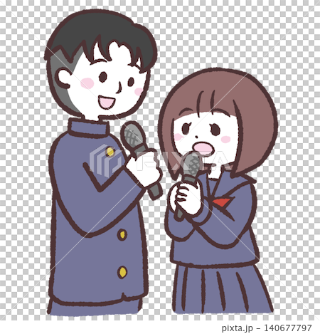 圖:一男一女身穿制服,手持麥克風 圖:一男一女身穿制服,手持麥克風 140677797