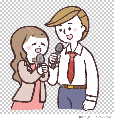 An illustration of a man and a woman facing each other, each holding a microphone. An illustration of a man and a woman facing each other, each holding a microphone. 140677798