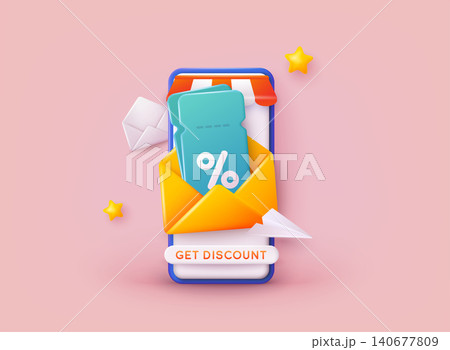 Phone with discount. Store special offers advertisement. Markdown program, loyalty program, promotional mix metaphors. 3D Web Vector Illustrations. Phone with discount. Store special offers advertisement. Markdown program, loyalty program, promotional mix metaphors. 3D Web Vector Illustrations. 140677809