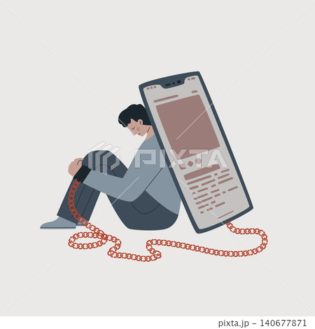 Smartphone addiction concept. Man sitting and leaning on a giant mobile phone, his hand attached to it with a heavy chain. Simple flat vector illustration, minimal style 140677871