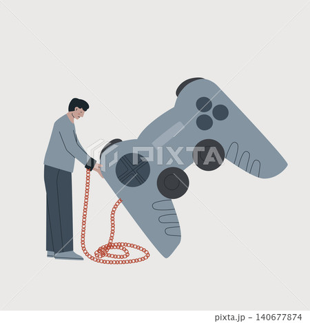 Video game addiction concept. Man holding a huge game controller. Male character chained to a large joystick with a heavy chain. Simple flat vector illustration Video game addiction concept. Man holding a huge game controller. Male character chained to a large joystick with a heavy chain. Simple flat vector illustration 140677874