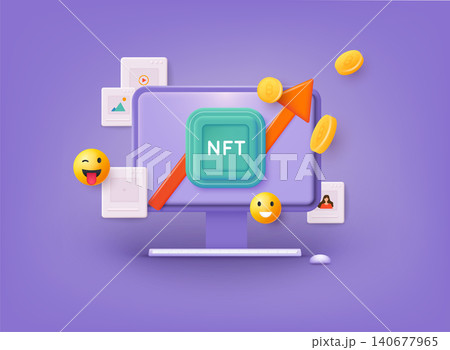 NFT marketplace with crypto art items on sale. Non-fungible token with network vector. 3D Web Vector Illustrations. NFT marketplace with crypto art items on sale. Non-fungible token with network vector. 3D Web Vector Illustrations. 140677965