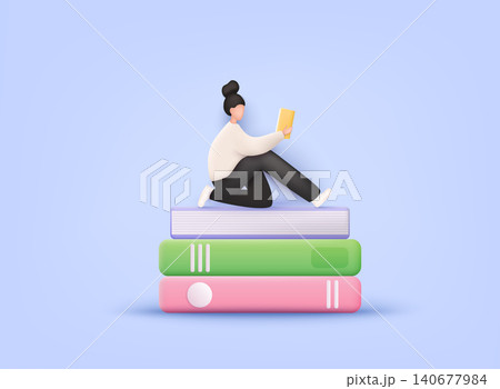 Woman reading a open book. Stack of colored books. Pile of books. Hardback books composition. 3D Web Vector Illustrations. 140677984