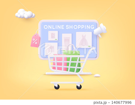 Online shopping. Design graphic elements, signs, symbols. Mobile marketing and digital marketing. 3D Web Vector Illustrations. 140677996