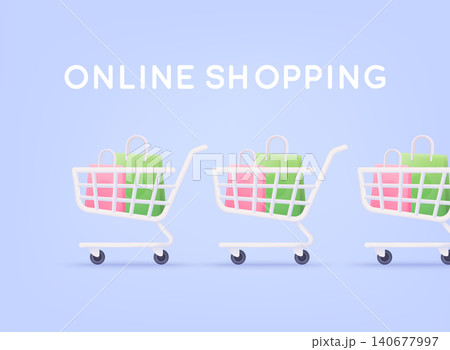 Shopping cart with tack of shopping bags on it. Design graphic elements, signs, symbols. Mobile marketing and digital marketing. 3D Web Vector Illustrations. Shopping cart with tack of shopping bags on it. Design graphic elements, signs, symbols. Mobile marketing and digital marketing. 3D Web Vector Illustrations. 140677997