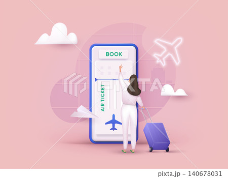 Online booking flight tickets concept on mobile phone. Time to travel concept. 3D Web Vector Illustrations. 140678031