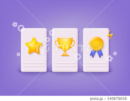 Winner cup, star and medal gold icons. Promotion discount present point, customer promo surprise. 3D Web Vector Illustrations. Winner cup, star and medal gold icons. Promotion discount present point, customer promo surprise. 3D Web Vector Illustrations. 140678038