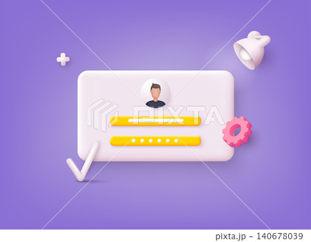 Account login and password form page on screen. Sign in to account, user authorization, login authentication page concept. Username, password fields. 3D Web Vector Illustrations. Account login and password form page on screen. Sign in to account, user authorization, login authentication page concept. Username, password fields. 3D Web Vector Illustrations. 140678039
