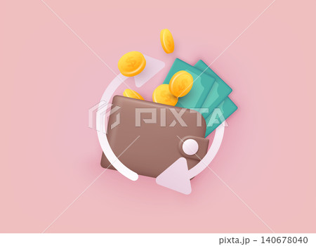 Cashback money refund icon concept. Wallet with coins and money. 3D Web Vector Illustrations. Cashback money refund icon concept. Wallet with coins and money. 3D Web Vector Illustrations. 140678040