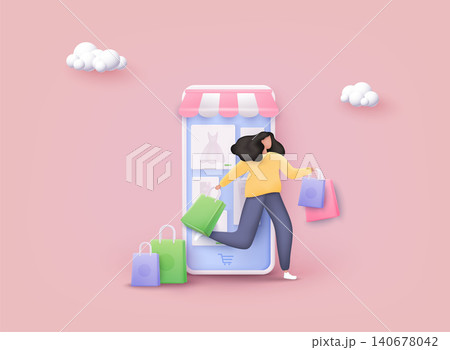Woman enjoying shopping. Carrying shopping bags. Mobile smart phone with shopp app. Online shopping concept. 3D Web Vector Illustrations. 140678042