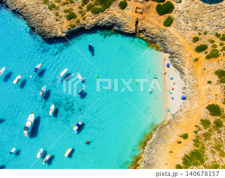 Aerial view of Cala Varques beach bay and turquoise sea in Mallorca, Spain. Aerial view of Cala Varques beach bay and turquoise sea in Mallorca, Spain. 140678157