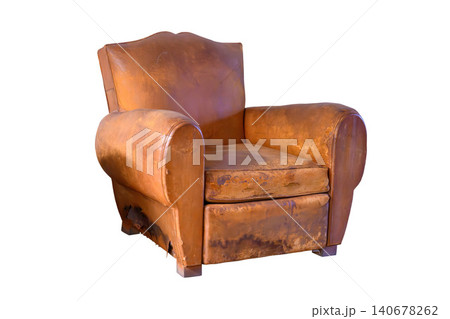 Old vintage brown leather chair with scratches isolated on white background, Old vintage brown leather chair with scratches isolated on white background, 140678262