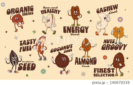 Y2k groovy nuts and seeds stickers with cartoon vegan food characters. Vector retro groovy walnut, funny almond and pistachio nuts, cute y2k pecan, coconut and hazelnut mascots stickers Y2k groovy nuts and seeds stickers with cartoon vegan food characters. Vector retro groovy walnut, funny almond and pistachio nuts, cute y2k pecan, coconut and hazelnut mascots stickers 140678339