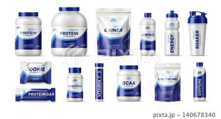Sport nutrition package mockup, protein product supplement containers and packs. Vector 3d white plastic bottles, jars and bags of sport nutrition products, whey protein food and energy drink packages 140678340