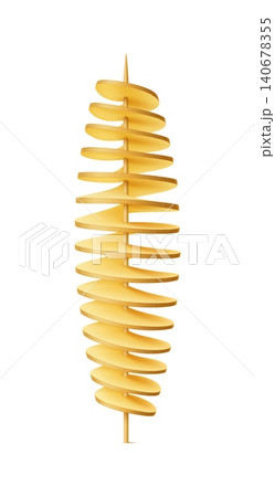 Realistic raw and fried potato tornado vegetable snack. Isolated 3d vector crispy, spiral cut delight. Traditional crunchy twisted chips snack on a stick. Fast food, street quick meal on a skewer Realistic raw and fried potato tornado vegetable snack. Isolated 3d vector crispy, spiral cut delight. Traditional crunchy twisted chips snack on a stick. Fast food, street quick meal on a skewer 140678355